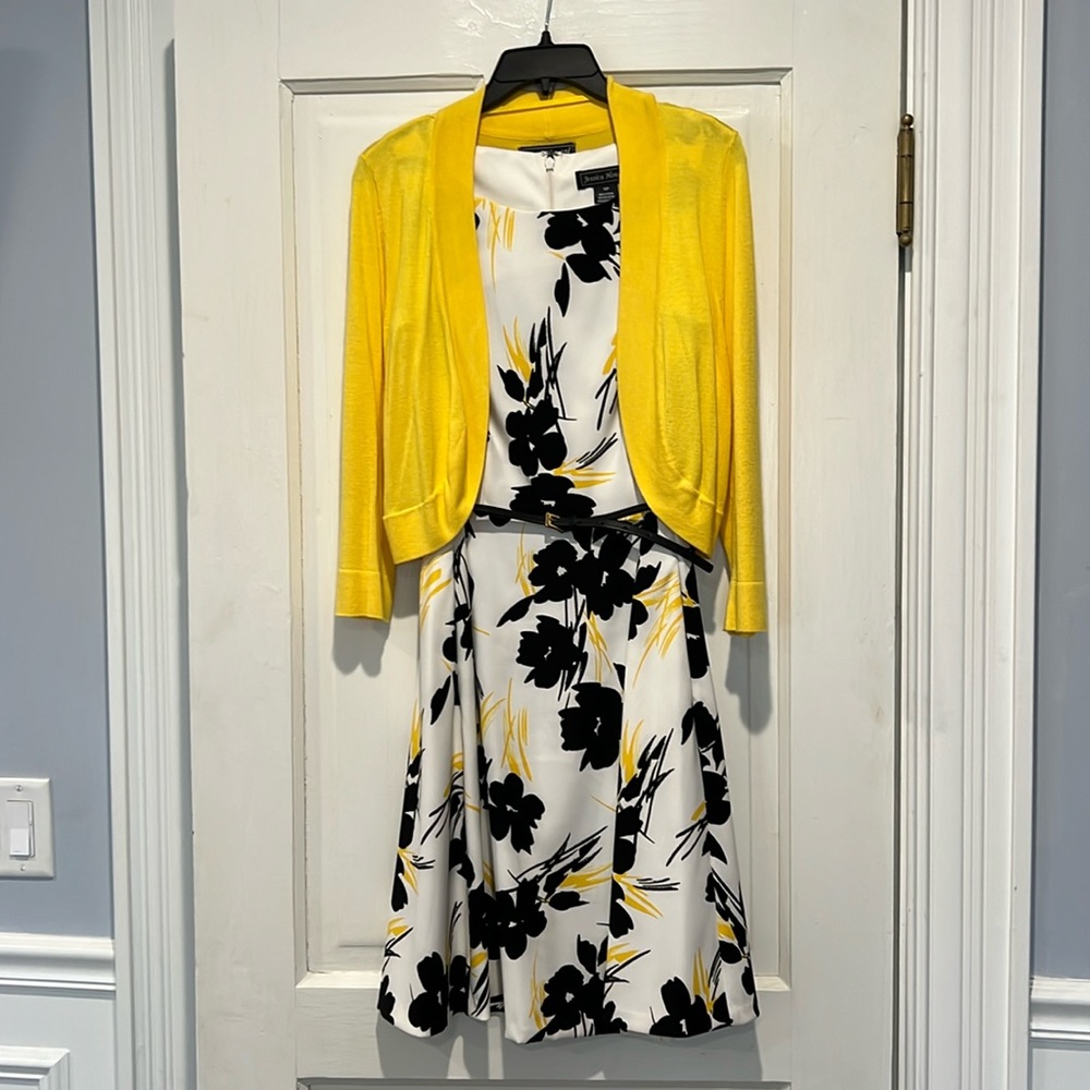 Floral dress with matching sweater.